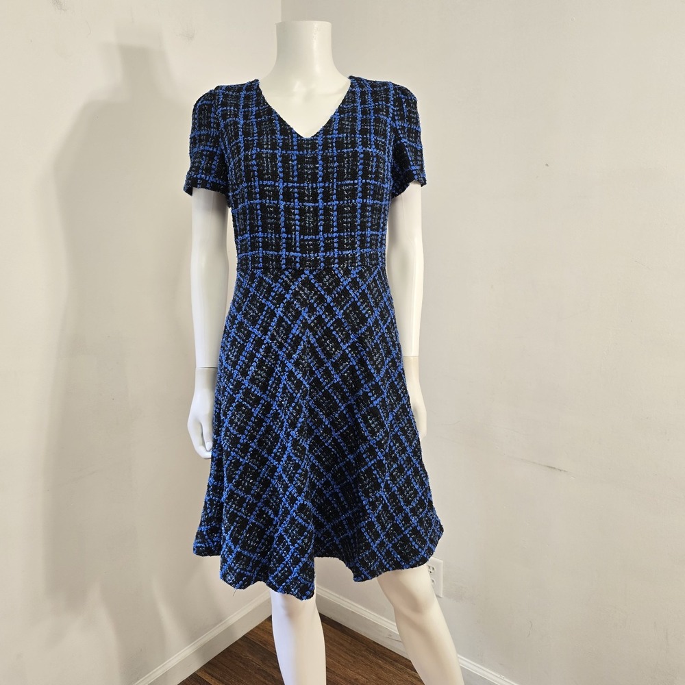 Draper James Tweed Fit and Flare Dress Size 6 Navy Plaid Metallic Preppy NEW